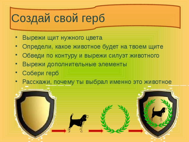 Создай свой герб Вырежи щит нужного цвета Определи, какое животное будет на твоем щите Обведи по контуру и вырежи силуэт животного Вырежи дополнительные элементы Собери герб Расскажи, почему ты выбрал именно это животное 