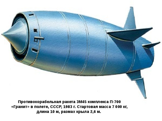 Противокорабельная ракета 3М45 комплекса П-700 «Гранит» в полете, СССР, 1983 г. Стартовая масса 7 000 кг, длина 10 м, размах крыла 2,6 м. 