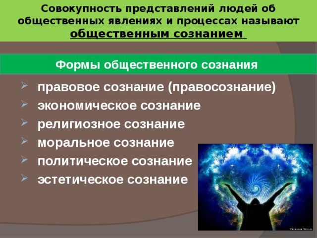 Совокупность представлений людей об общественных явлениях и процессах называют общественным сознанием Формы общественного сознания  правовое сознание (правосознание)  экономическое сознание  религиозное сознание  моральное сознание  политическое сознание  эстетическое сознание 