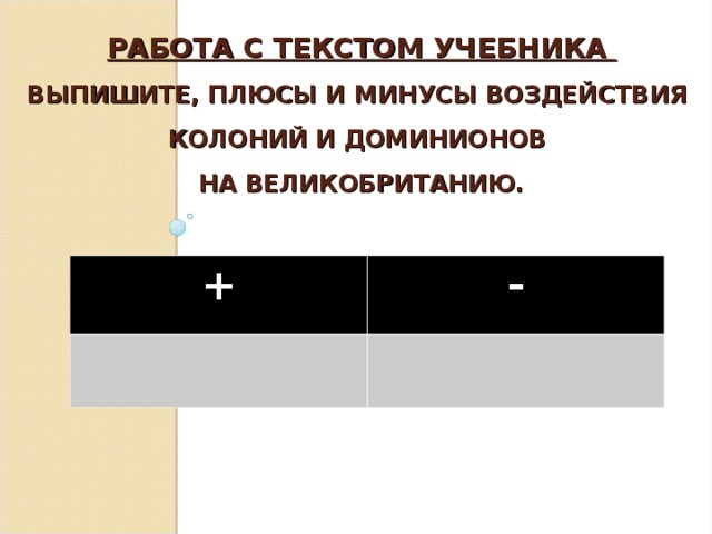 РАБОТА С ТЕКСТОМ УЧЕБНИКА  ВЫПИШИТЕ, ПЛЮСЫ И МИНУСЫ ВОЗДЕЙСТВИЯ КОЛОНИЙ И ДОМИНИОНОВ  НА ВЕЛИКОБРИТАНИЮ. + - 
