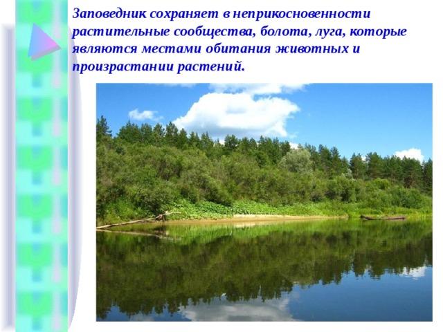 Заповедник сохраняет в неприкосновенности растительные сообщества, болота, луга, которые являются местами обитания животных и произрастании растений.   