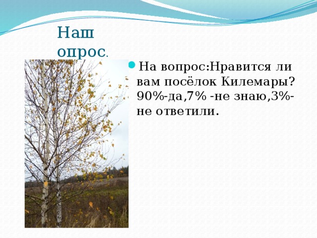 Наш опрос . На вопрос:Нравится ли вам посёлок Килемары?  90%-да,7% -не знаю,3%-не ответили. 