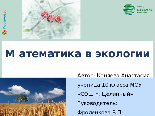 М атематика в экологии Автор: Коняева Анастасия ученица 10 класса МОУ «СОШ п. Целинный» Руководитель: Фроленкова В.П. 