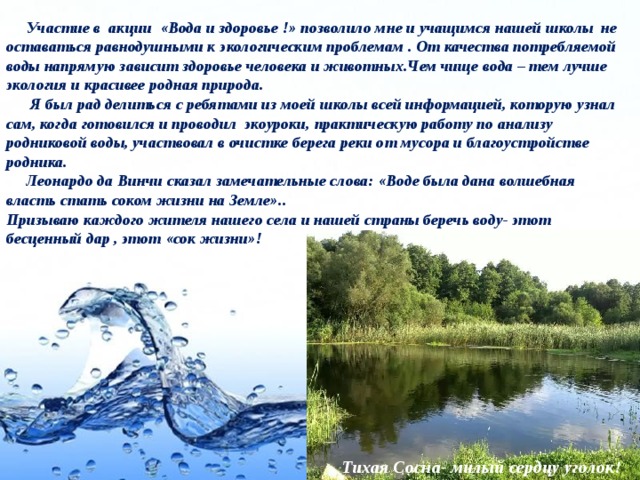  Участие в акции «Вода и здоровье !» позволило мне и учащимся нашей школы не оставаться равнодушными к экологическим проблемам . От качества потребляемой воды напрямую зависит здоровье человека и животных.Чем чище вода – тем лучше экология и красивее родная природа.  Я был рад делиться с ребятами из моей школы всей информацией, которую узнал сам, когда готовился и проводил экоуроки, практическую работу по анализу родниковой воды, участвовал в очистке берега реки от мусора и благоустройстве родника.  Леонардо да Винчи сказал замечательные слова: «Воде была дана волшебная власть стать соком жизни на Земле».. Призываю каждого жителя нашего села и нашей страны беречь воду- этот бесценный дар , этот «сок жизни»!     Тихая Сосна- милый сердцу уголок ! 
