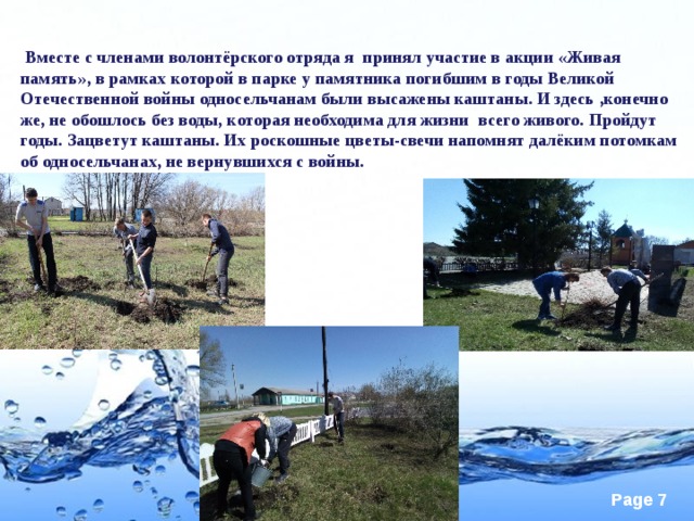  Вместе с членами волонтёрского отряда я принял участие в акции «Живая память», в рамках которой в парке у памятника погибшим в годы Великой Отечественной войны односельчанам были высажены каштаны. И здесь ,конечно же, не обошлось без воды, которая необходима для жизни всего живого. Пройдут годы. Зацветут каштаны. Их роскошные цветы-свечи напомнят далёким потомкам об односельчанах, не вернувшихся с войны. 
