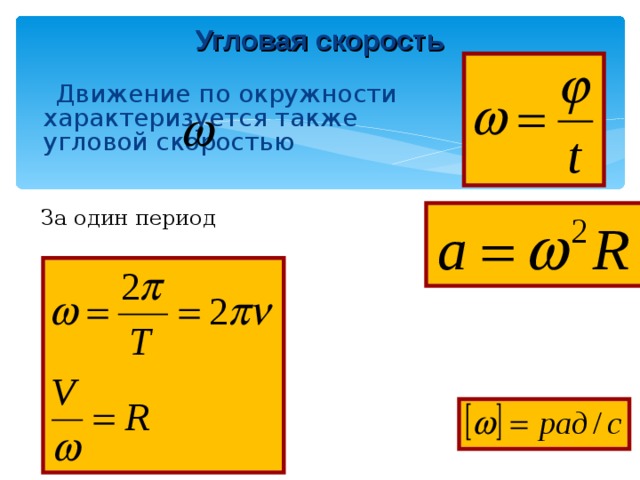 Угловая скорость    Движение по окружности характеризуется также угловой скоростью  За один период  