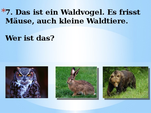 7. Das ist ein Waldvogel. Es frisst Mäuse, auch kleine Waldtiere.   Wer ist das? 