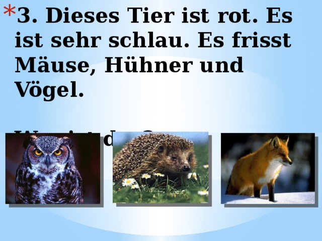 3. Dieses Tier ist rot. Es ist sehr schlau. Es frisst Mäuse, Hühner und Vögel.   Wer ist das? 