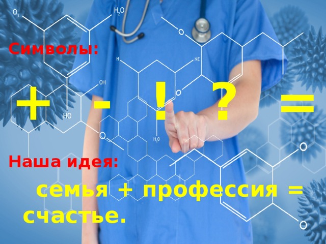 Символы: + - ! ? = Наша идея:  семья + профессия = счастье.  