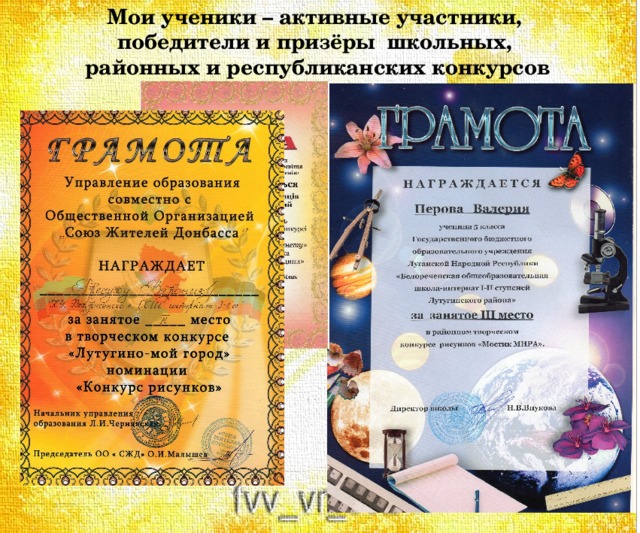 Мои ученики – активные участники, победители и призёры школьных, районных и республиканских конкурсов 