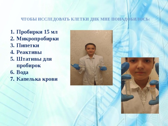 ЧТОБЫ ИССЛЕДОВАТЬ КЛЕТКИ ДНК МНЕ ПОНАДОБИЛОСЬ: Пробирки 15 мл Микропробирки Пипетки Реактивы Штативы для пробирок Вода Капелька крови 