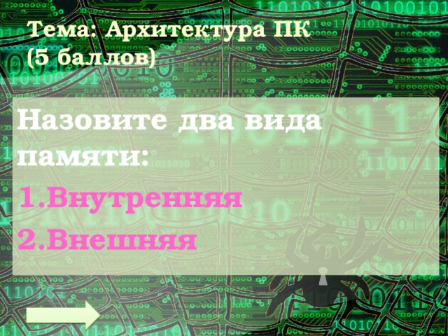 Тема: Архитектура ПК  (5 баллов) Назовите два вида памяти: Внутренняя Внешняя 