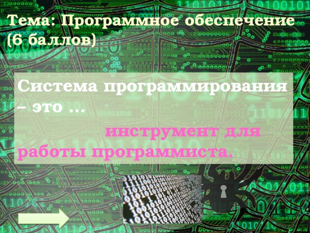 Тема: Программное обеспечение  (6 баллов) Система программирования – это …  инструмент для работы программиста. 