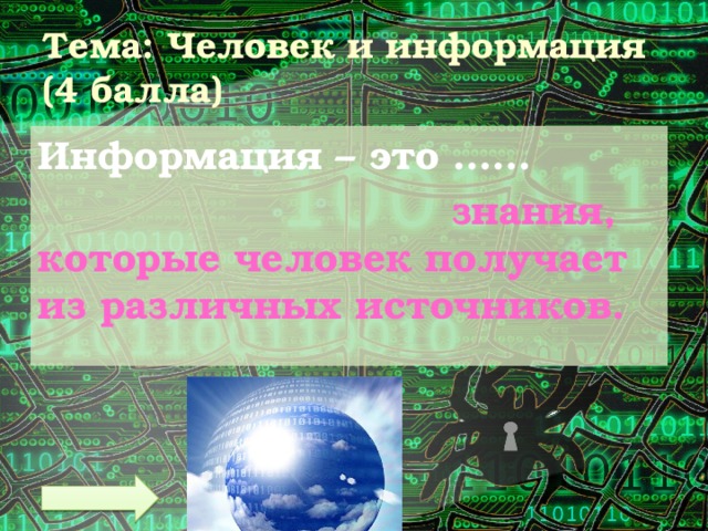 Тема: Человек и информация (4 балла) Информация – это ……  знания, которые человек получает из различных источников. 