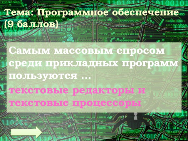 Тема: Программное обеспечение  (9 баллов) Самым массовым спросом среди прикладных программ пользуются … текстовые редакторы и текстовые процессоры 