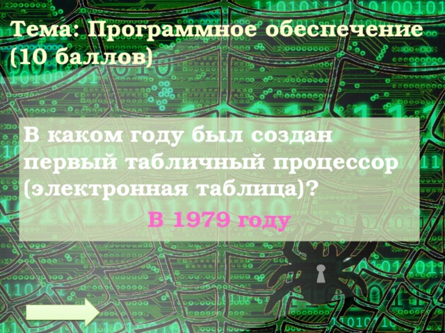Тема: Программное обеспечение  (10 баллов) В каком году был создан первый табличный процессор (электронная таблица)? В 1979 году 