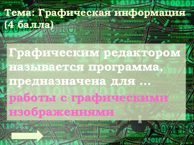 Тема: Графическая информация  (4 балла) Графическим редактором называется программа, предназначена для … работы с графическими изображениями 