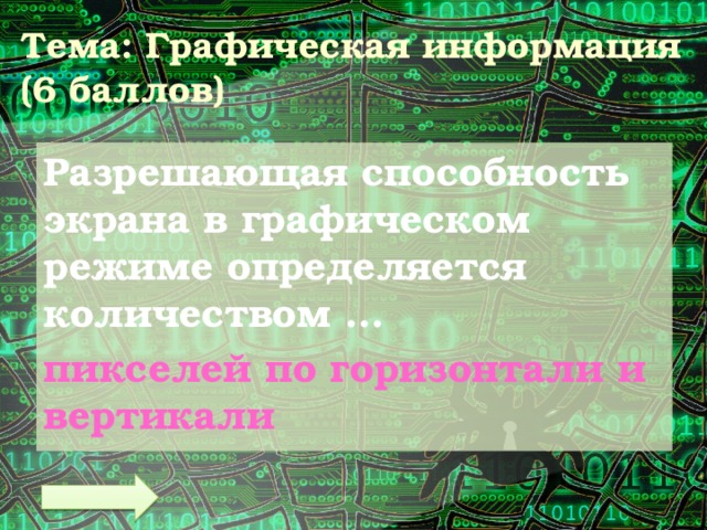 Тема: Графическая информация  (6 баллов) Разрешающая способность экрана в графическом режиме определяется количеством … пикселей по горизонтали и вертикали 