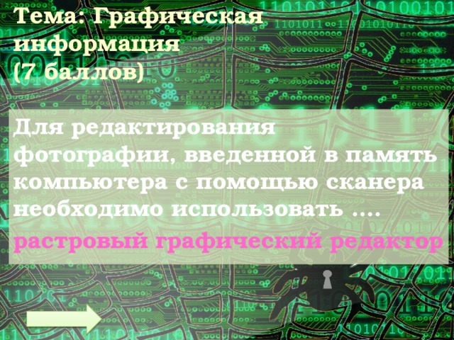 Тема: Графическая информация  (7 баллов) Для редактирования фотографии, введенной в память компьютера с помощью сканера необходимо использовать …. растровый графический редактор 