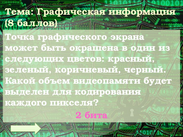 Тема: Графическая информация  (8 баллов) Точка графического экрана может быть окрашена в один из следующих цветов: красный, зеленый, коричневый, черный. Какой объем видеопамяти будет выделен для кодирования каждого пикселя? 2 бита 