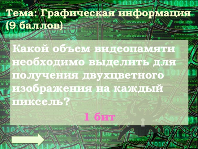 Тема: Графическая информация  (9 баллов) Какой объем видеопамяти необходимо выделить для получения двухцветного изображения на каждый пиксель? 1 бит 