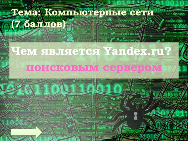 Тема: Компьютерные сети  (7 баллов) Чем является Yandex.ru? поисковым сервером 