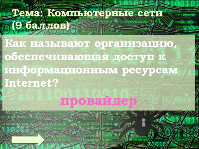 Тема: Компьютерные сети  (9 баллов) Как называют организацию, обеспечивающая доступ к информационным ресурсам Internet? провайдер 