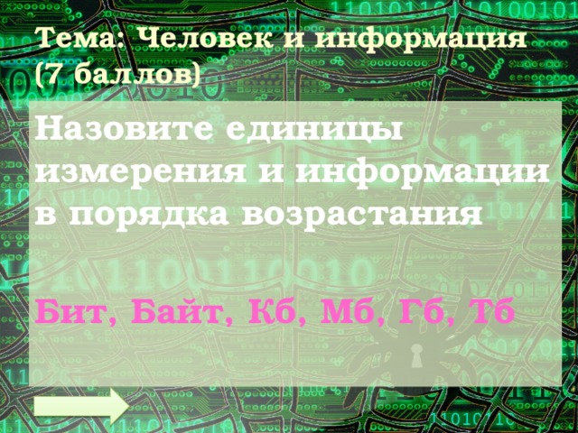 Тема: Человек и информация (7 баллов) Назовите единицы измерения и информации в порядка возрастания  Бит, Байт, Кб, Мб, Гб, Тб  