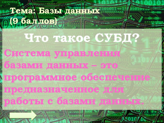 Тема: Базы данных  (9 баллов) Что такое СУБД? Система управления базами данных – это программное обеспечение предназначенное для работы с базами данных. 