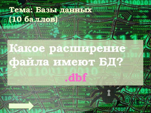 Тема: Базы данных  (10 баллов) Какое расширение файла имеют БД? .dbf 