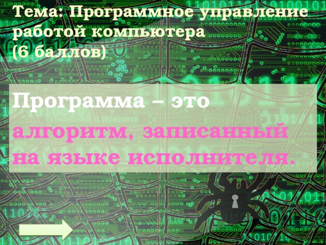 Тема: Программное управление работой компьютера  (6 баллов) Программа – это алгоритм, записанный на языке исполнителя. 