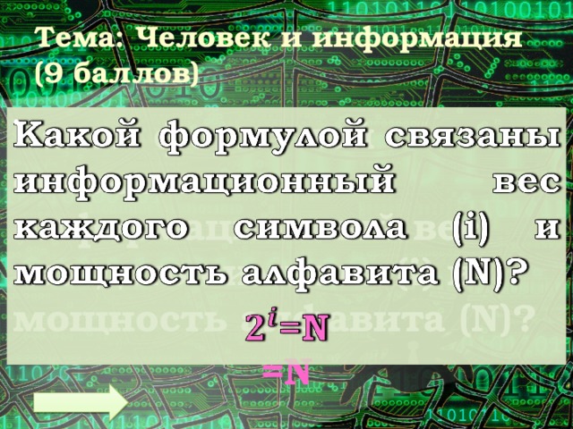 Тема: Человек и информация (9 баллов) Какой формулой связаны информационный вес каждого символа (i) и мощность алфавита (N)?   =N 