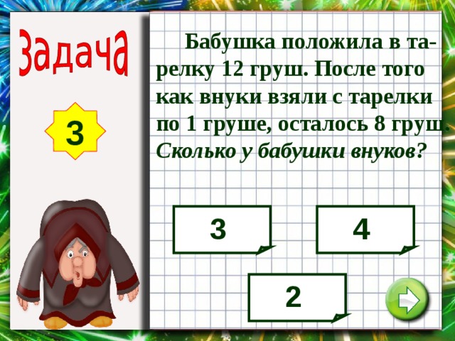 Бабушка положила в та-релку 12 груш. После того как внуки взяли с тарелки по 1 груше, осталось 8 груш. Сколько у бабушки внуков? 3 3 4 2