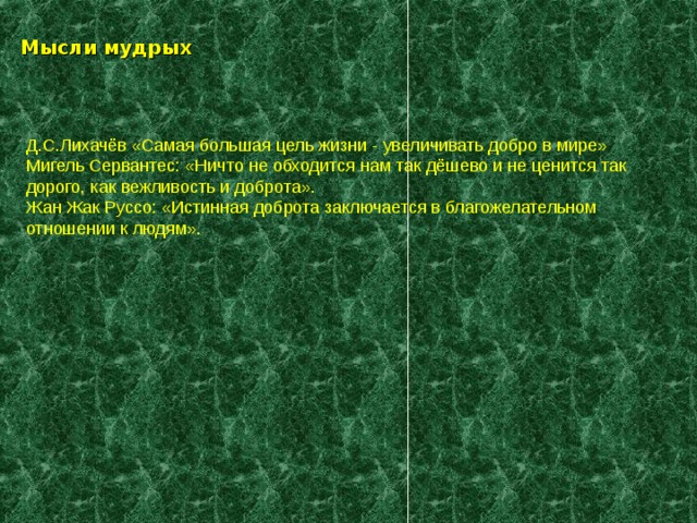 Мысли мудрых Д.С.Лихачёв «Самая большая цель жизни - увеличивать добро в мире» Мигель Сервантес: «Ничто не обходится нам так дёшево и не ценится так дорого, как вежливость и доброта».  Жан Жак Руссо: «Истинная доброта заключается в благожелательном отношении к людям».   