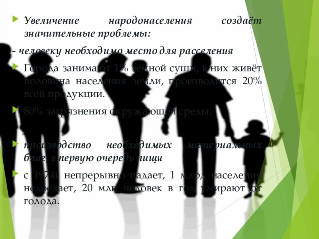 Увеличение народонаселения создаёт значительные проблемы: - человеку необходимо место для расселения Города занимают 1% земной суши, в них живёт половина населения земли, производится 20% всей продукции. 80% загрязнения окружающей среды.  производство необходимых материальных благ, в первую очередь пищи с 1974г непрерывно падает, 1 млрд населения недоедает, 20 млн человек в год умирают от голода. 