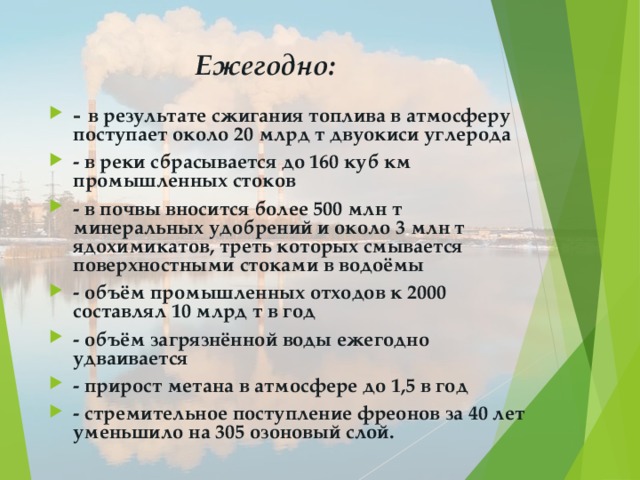 Ежегодно: - в результате сжигания топлива в атмосферу поступает около 20 млрд т двуокиси углерода - в реки сбрасывается до 160 куб км промышленных стоков - в почвы вносится более 500 млн т минеральных удобрений и около 3 млн т ядохимикатов, треть которых смывается поверхностными стоками в водоёмы - объём промышленных отходов к 2000 составлял 10 млрд т в год - объём загрязнённой воды ежегодно удваивается - прирост метана в атмосфере до 1,5 в год - стремительное поступление фреонов за 40 лет уменьшило на 305 озоновый слой.  