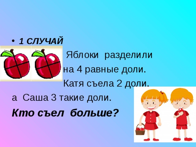 1 СЛУЧАЙ  Яблоки разделили  на 4 равные доли.  Катя съела 2 доли, а Саша 3 такие доли. Кто съел больше? 