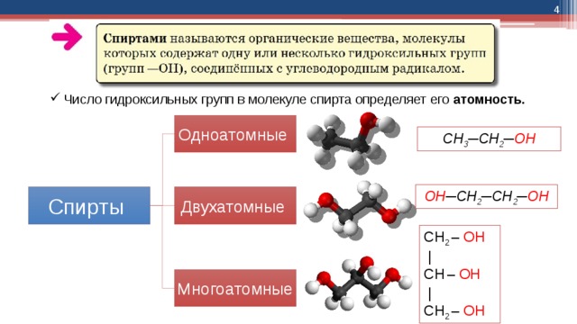  Число гидроксильных групп в молекуле спирта определяет его атомность. Одноатомные СН 3 ─СН 2 ─ ОН ОН ─СН 2 ─СН 2 ─ ОН Двухатомные Спирты СН 2 – ОН  ǀ СН  – ОН  ǀ СН 2 – ОН Многоатомные 