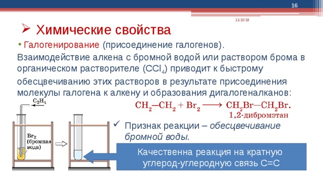  11/10/18 Химические свойства Галогенирование (присоединение галогенов). Взаимодействие алкена с бромной водой или раствором брома в органическом растворителе (CCl 4 ) приводит к быстрому обесцвечиванию этих растворов в результате присоединения молекулы галогена к алкену и образования дигалогеналканов: Признак реакции – обесцвечивание бромной воды. Качественна реакция на кратную углерод-углеродную связь С=С 