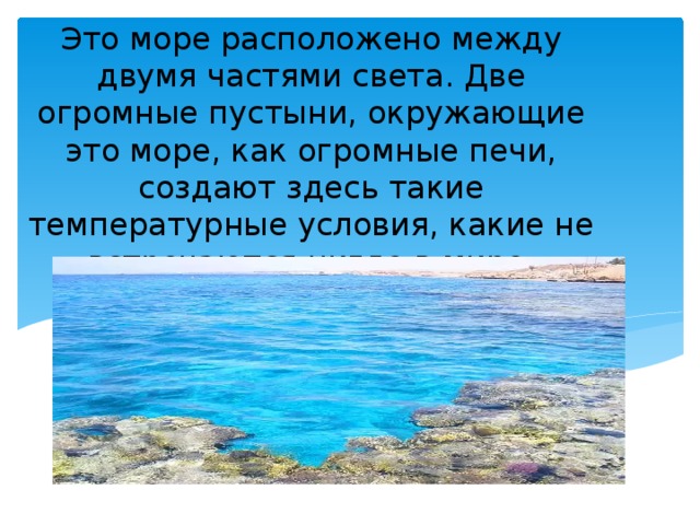 Это море расположено между двумя частями света. Две огромные пустыни, окружающие это море, как огромные печи, создают здесь такие температурные условия, какие не встречаются нигде в мире. 