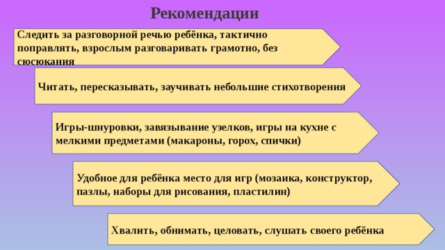Рекомендации Следить за разговорной речью ребёнка, тактично поправлять, взрослым разговаривать грамотно, без сюсюкания Читать, пересказывать, заучивать небольшие стихотворения Игры-шнуровки, завязывание узелков, игры на кухне с мелкими предметами (макароны, горох, спички) Удобное для ребёнка место для игр (мозаика, конструктор, пазлы, наборы для рисования, пластилин) Хвалить, обнимать, целовать, слушать своего ребёнка 