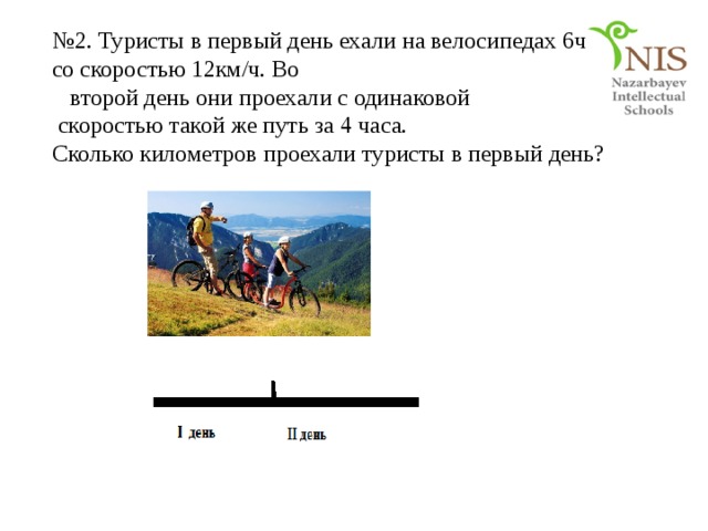 № 2. Туристы в первый день ехали на велосипедах 6ч со скоростью 12км/ч. Во             второй день они проехали с одинаковой  скоростью такой же путь за 4 часа.  Сколько километров проехали туристы в первый день? 
