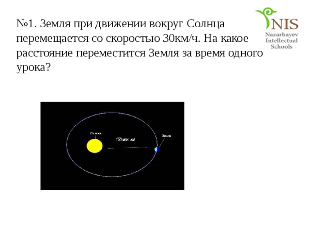 № 1. Земля при движении вокруг Солнца перемещается со скоростью 30км/ч. На какое расстояние переместится Земля за время одного урока? 
