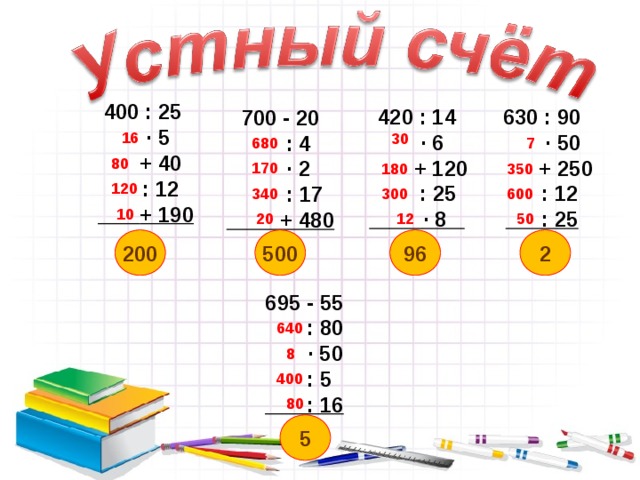 400 : 25  · 5  + 40  : 12   + 190  420 : 14  · 6  + 120  : 25  · 8 630 : 90  · 50  + 250  : 12  : 25 700 - 20  : 4  · 2  : 17  + 480 16 30 7 680 80 170 180 350 120 600 340 300 10 20 50 12 200 2 96 500 695 - 55  : 80  · 50  : 5  : 16 640 8 400 80 5  