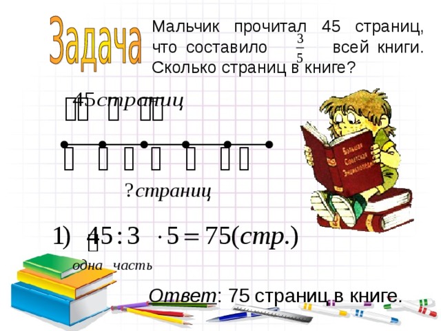 Мальчик прочитал 45 страниц, что составило всей книги. Сколько страниц в книге? Ответ : 75 страниц в книге. 