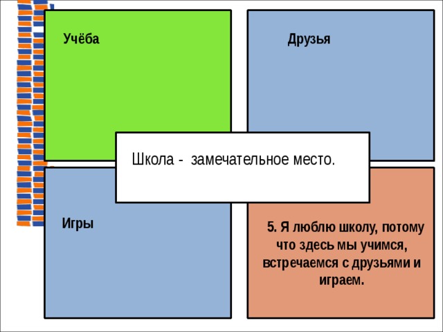 Учёба Друзья Школа - замечательное место. Игры   5. Я люблю школу, потому что здесь мы учимся, встречаемся с друзьями и играем.  