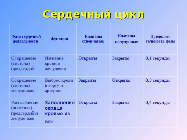 Сердечный цикл Фаза сердечной деятельности Функция Сокращение (систола) предсердий  Клапаны створчатые Сокращение (систола) желудочков  Изгнание крови в желудочки  Открыты Клапаны полулунные Расслабление (диастола) предсердий и желудочков  Выброс крови в аорту и артерию  Закрыты  Продолжи- тельность фазы Закрыты  Заполнение сердца кровью из вен  0,1 секунды  Открыты Открыты 0,3 секунды Закрыты  0,4 секунды  