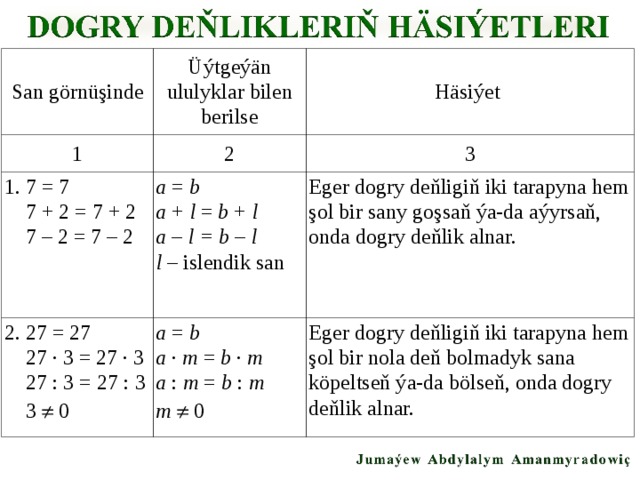 San görnüşinde Ü ýtgeýän ululyklar bilen berilse 1 H äsiýet 2 1. 7 = 7  7 + 2 = 7 + 2  7 – 2 = 7 – 2 3 а = b a + l = b + l a – l = b – l l – islendik san 2. 27 = 27  27 · 3 = 27 · 3  27 : 3 = 27 : 3  3  0 E ger dogry deňligiň iki tarapyna hem şol bir sany goşsaň ýa-da aýyrsaň, onda dogry deňlik alnar. а = b a · m = b · m a : m = b : m m   0 E ger dogry deňligiň iki tarapyna hem şol bir nola deň bolmadyk sana köpeltseň ýa-da bölseň, onda dogry deňlik alnar.  
