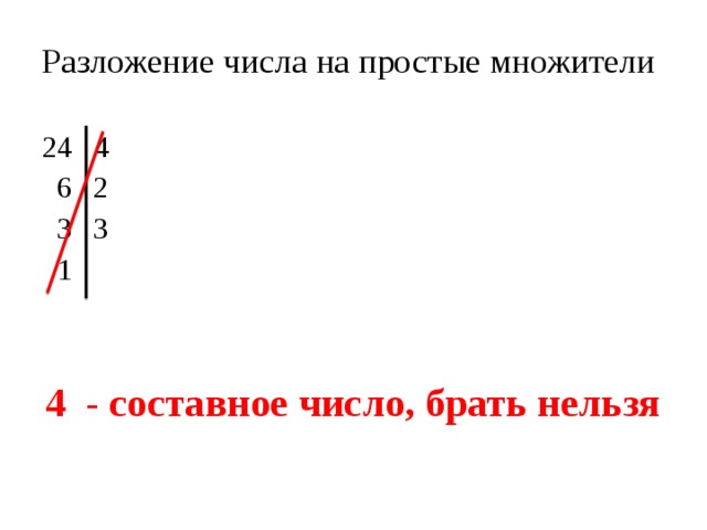 Разложение числа на простые множители  4  6 2  3 3  1 4 - составное число, брать нельзя  