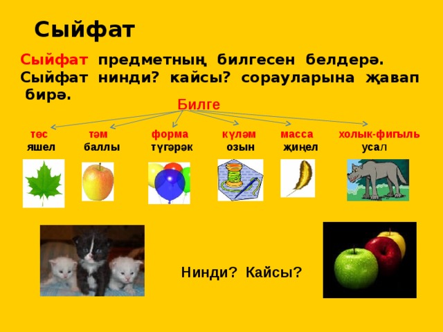 Сыйфат Сыйфат предметның билгесен белдерә. Сыйфат нинди? кайсы? сорауларына җавап бирә. Билге  төс тәм форма күләм масса холык-фигыль яшел баллы түгәрәк озын җиңел уса л Нинди? Кайсы? 